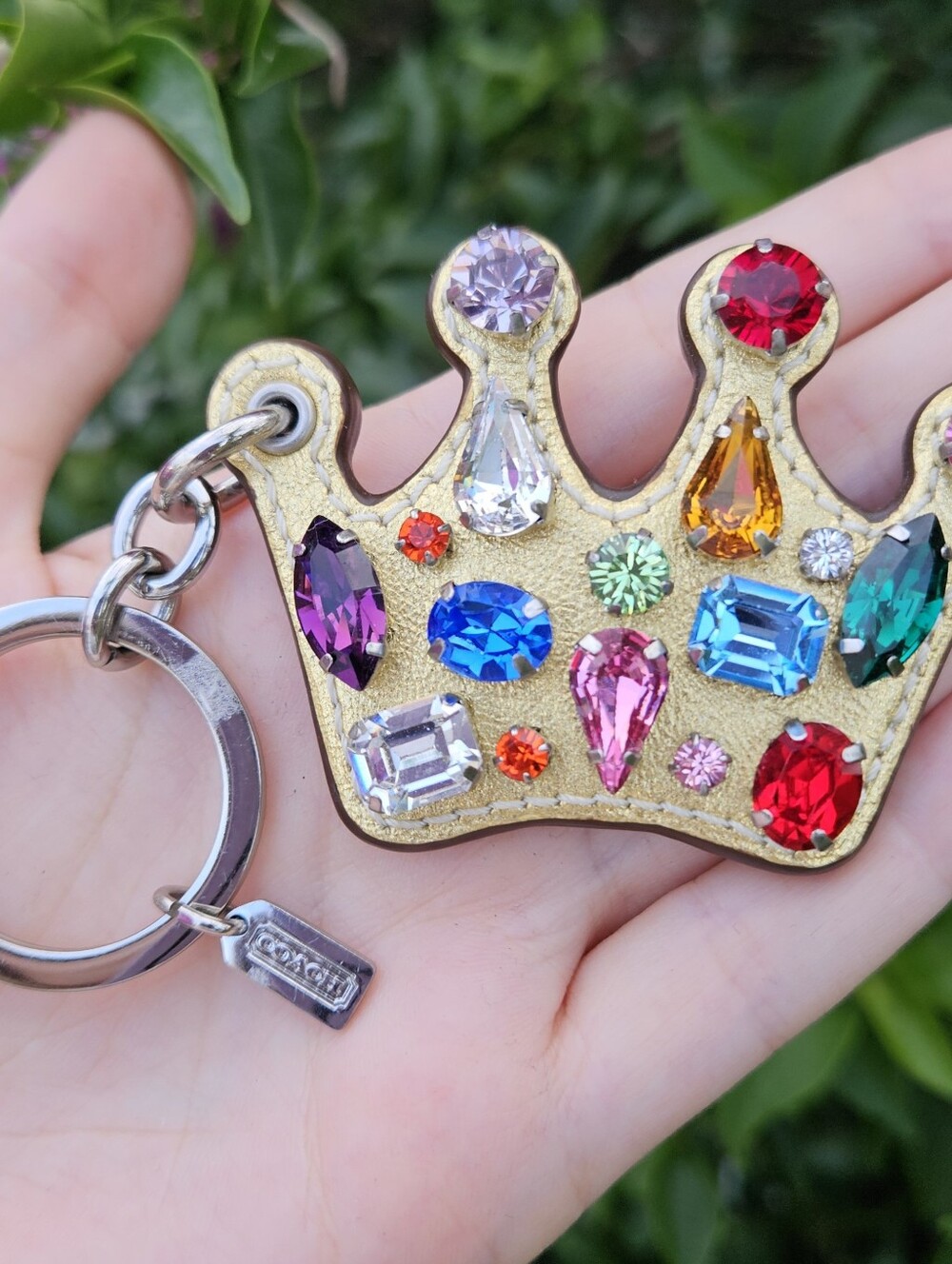 Coach Rare Bejeweled Crown Bag Charm Keychain Gold Multicolor Crystal